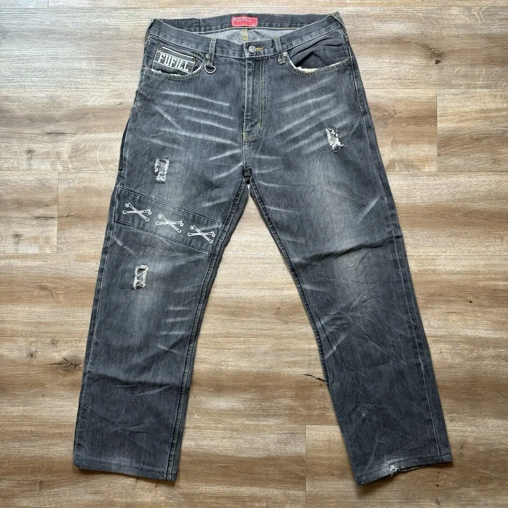 Selvedge Jeans Mens 32x29 Gray Distressed Fade Embroidered Crossbones Streetwear